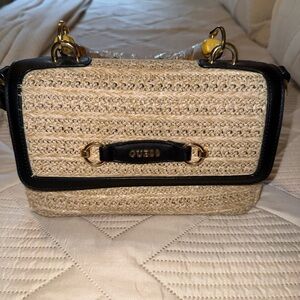 GUESS Natural Raffia Crossbody with Black Trim and Gold Hardware